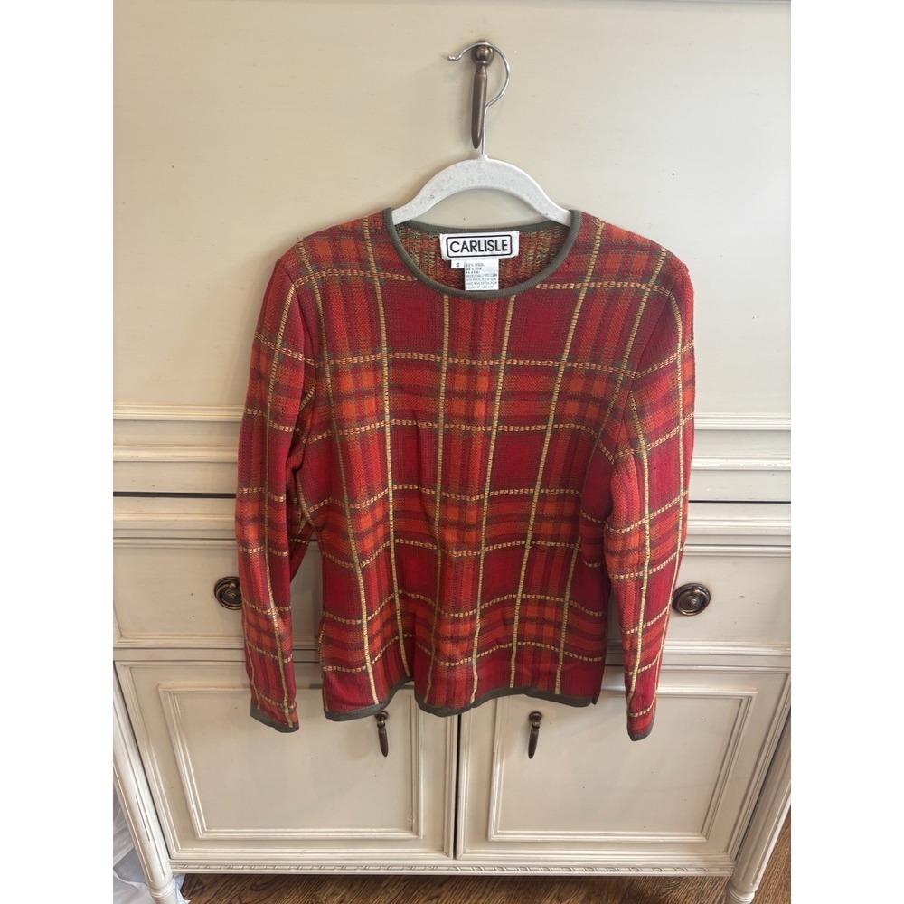 Carlisle Vintage Plaid Wool Silk Fall Autumn Harvest Sweater Small 90s READ